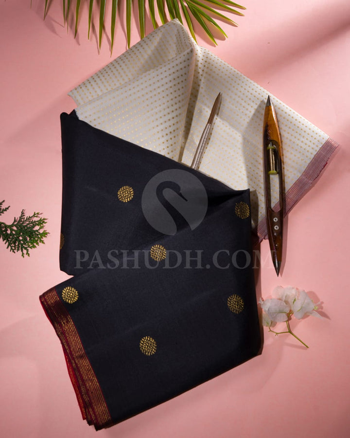 Cream & Black With Red Pure Kanjivaram Silk Saree-SP5