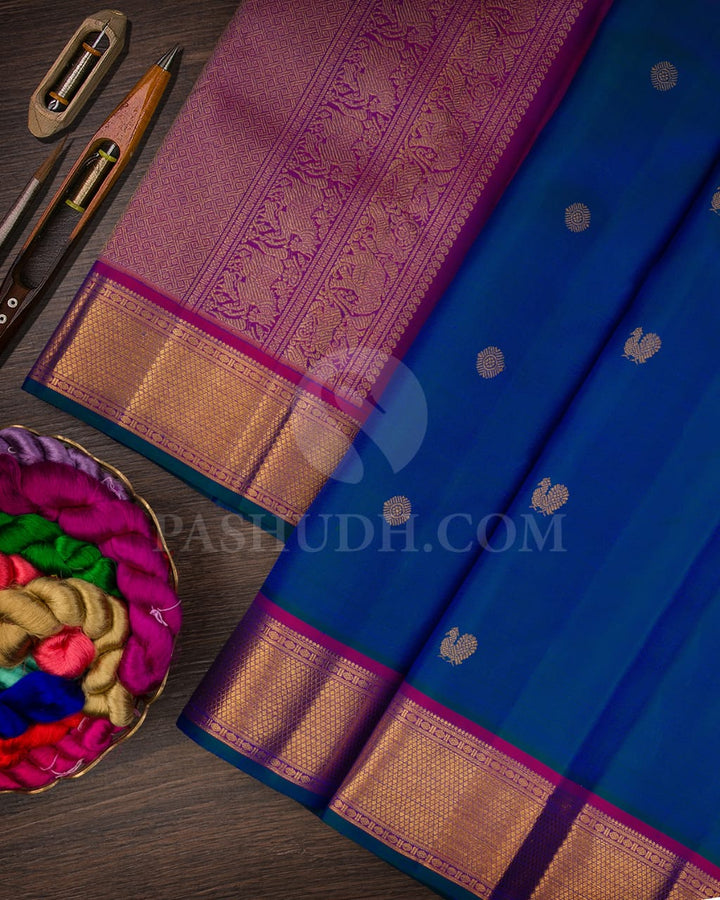 Dual Shaded Dark Blue & Magenta Pure Kanjivaram Silk Saree-SP28