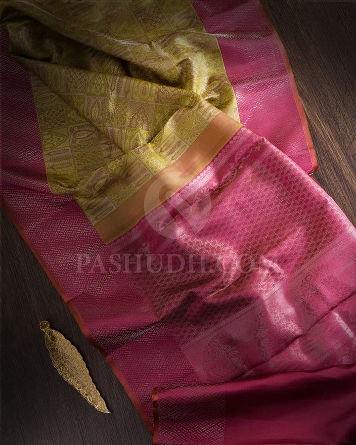 Parrot Green With Old Rose Kanjivaram Silk Saree-D622(B)