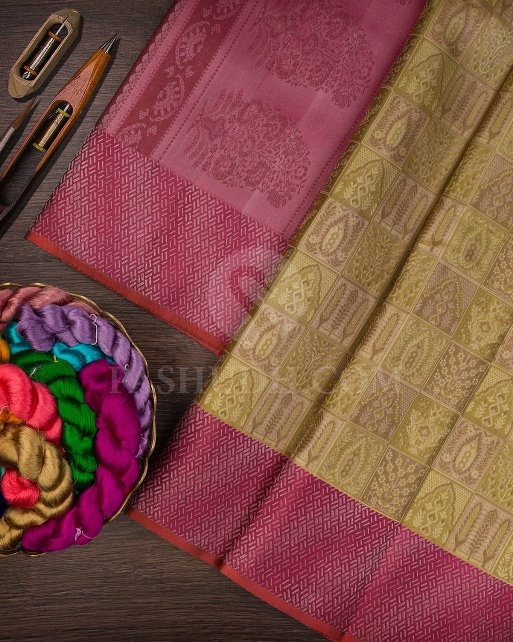 Parrot Green With Old Rose Kanjivaram Silk Saree-D622(B)