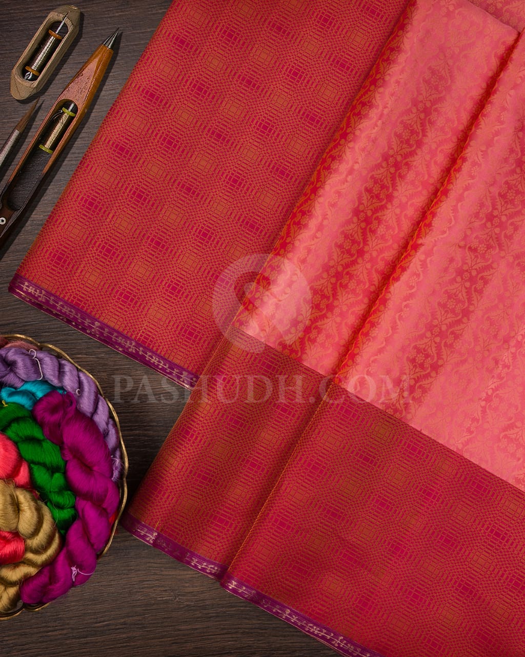 Baby Pink With Maroon Kanjivaram Silk Saree-DT313(B)