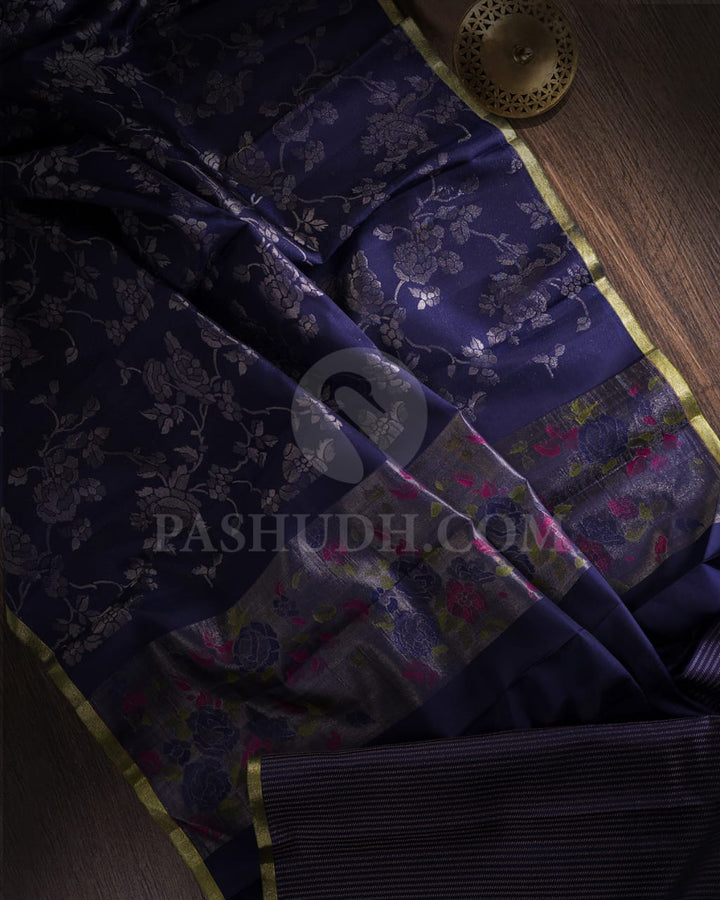 Navy Blue Traditional Borderless Kanjivaram Silk Saree-DJ356(B)