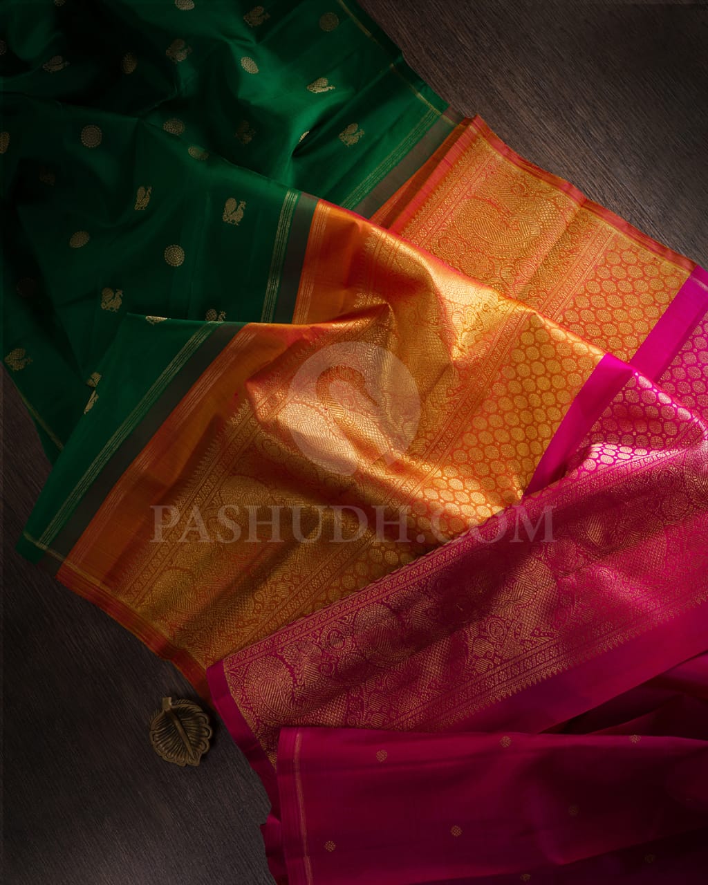 Forest Green & Orange- Rani Pink Dual Shaded Pure Kanjivaram Silk Saree-SP20
