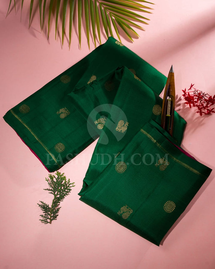 Forest Green & Orange- Rani Pink Dual Shaded Pure Kanjivaram Silk Saree-SP20