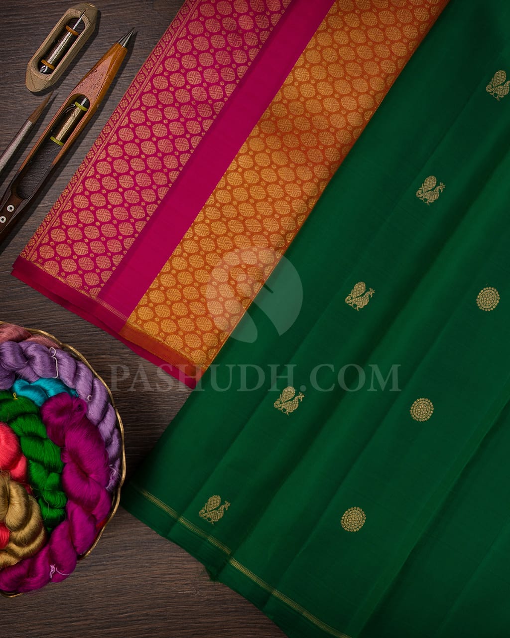 Forest Green & Orange- Rani Pink Dual Shaded Pure Kanjivaram Silk Saree-SP20