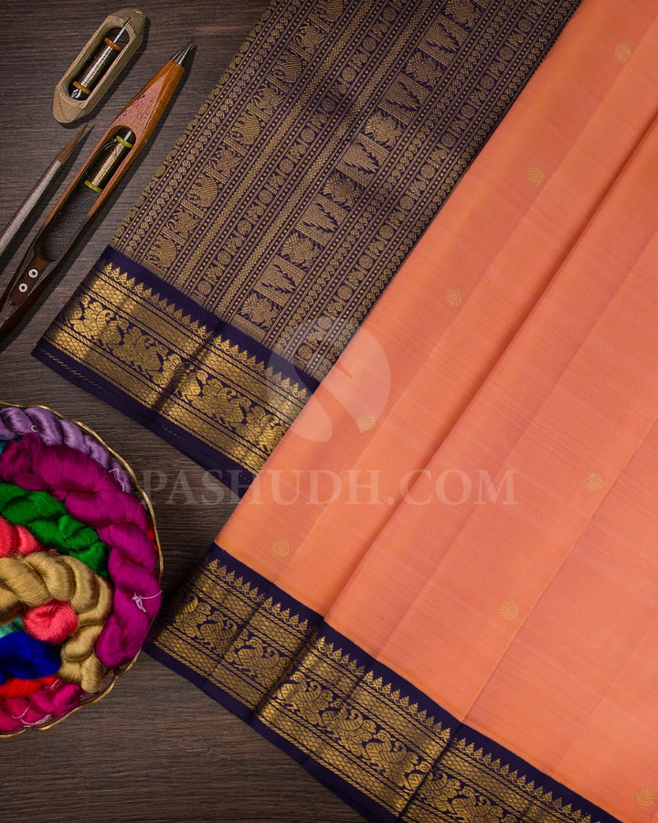 Peach & Navy Blue Pure Zari  Kanjivaram Silk Saree-SP24