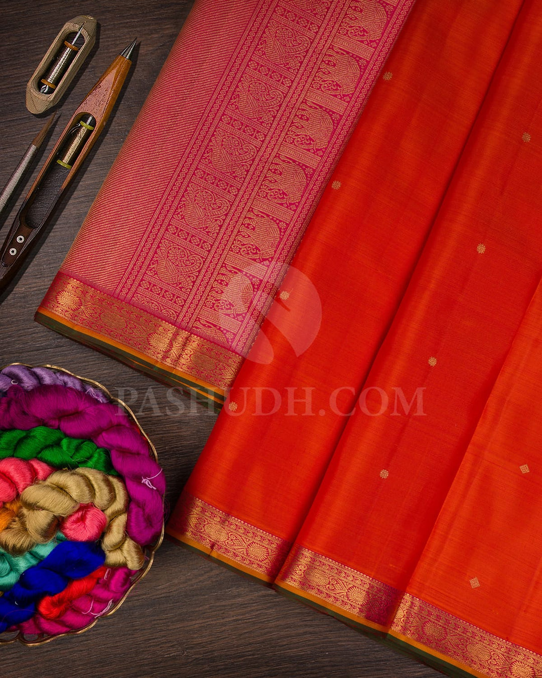 Orange, Pink & Green Pure Kanjivaram Silk Saree-SP7
