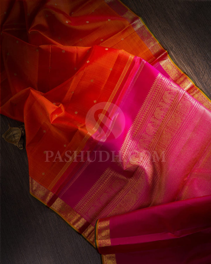 Orange, Pink & Green Pure Kanjivaram Silk Saree-SP7