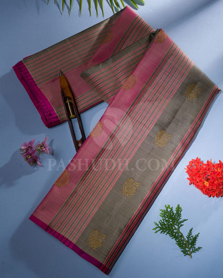 Baby Pink With Silver Grey Pure Kanjivaram Silk Saree-SP43