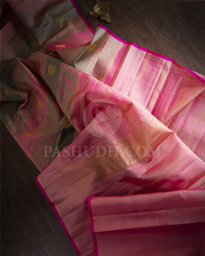 Baby Pink With Silver Grey Pure Kanjivaram Silk Saree-SP43