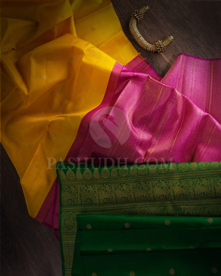 Magenta, Mango Yellow & Forest Green Pure Kanjivaram Silk Saree-SP34