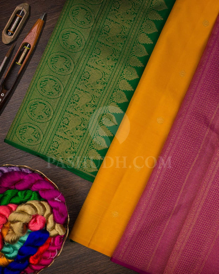 Magenta, Mango Yellow & Forest Green Pure Kanjivaram Silk Saree-SP34