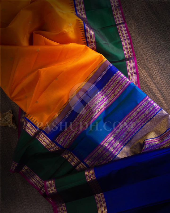 Orange,Royal Blue & Forest Green Pure Kanjivaram Silk Saree-SP45
