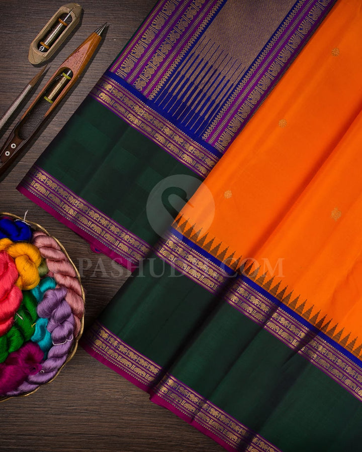 Orange,Royal Blue & Forest Green Pure Kanjivaram Silk Saree-SP45