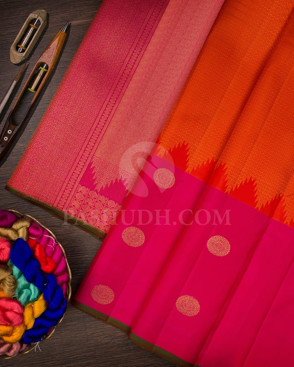 Orange,Rani Pink & Green Pure Kanjivaram Silk Saree-SP13