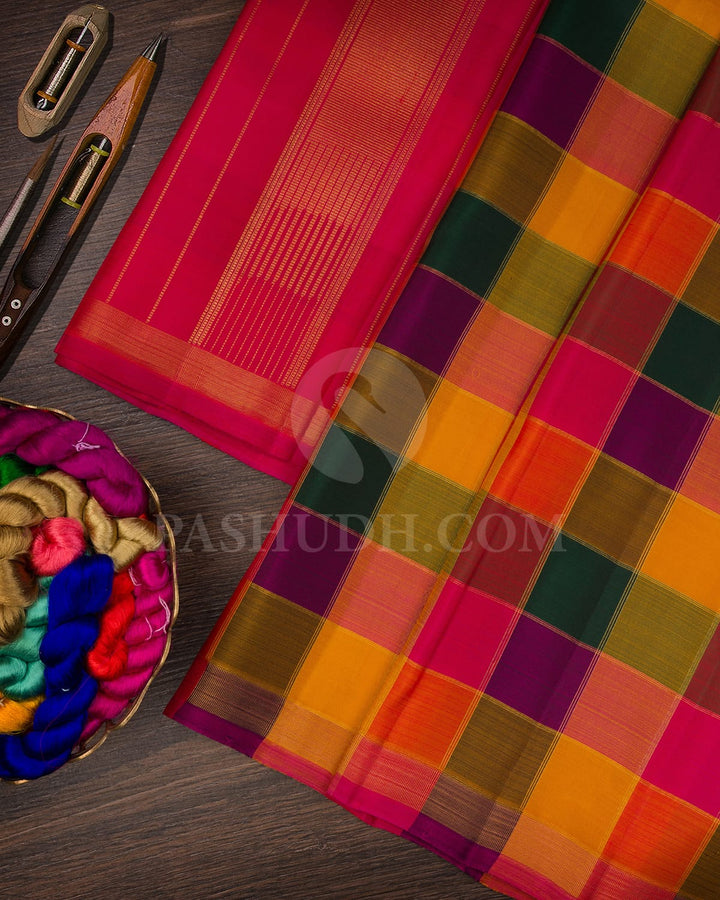 MultiHue Checks Paalum Pazhamum Checks Pure Kanjivaram Silk Saree-SP1
