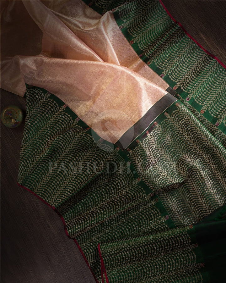 Baby Pink Shimmer Organza With Bottle Green Bridal  Kanjivaram Silk Saree-S1445(A)