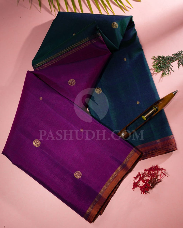 Magenta,Bottle Green & Orange Shot Pink Pure Kanjivaram Silk Saree-SP6