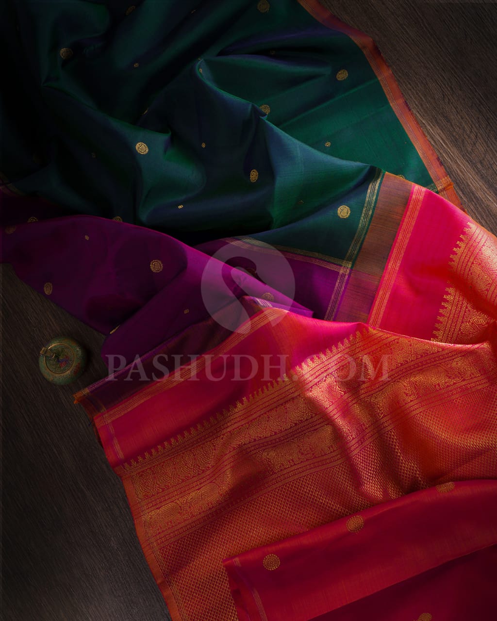 Magenta,Bottle Green & Orange Shot Pink Pure Kanjivaram Silk Saree-SP6