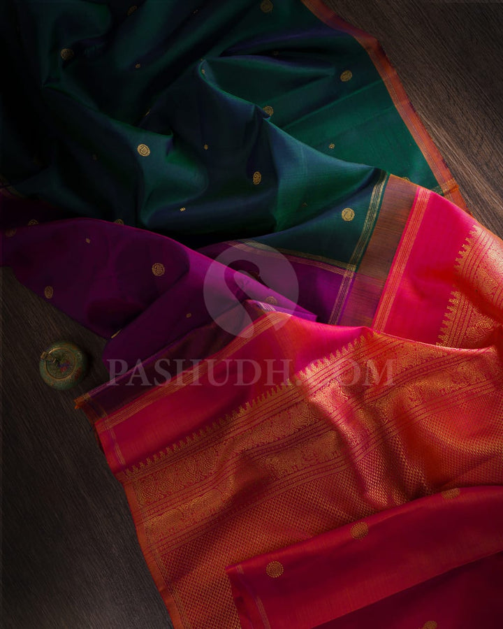Magenta,Bottle Green & Orange Shot Pink Pure Kanjivaram Silk Saree-SP6