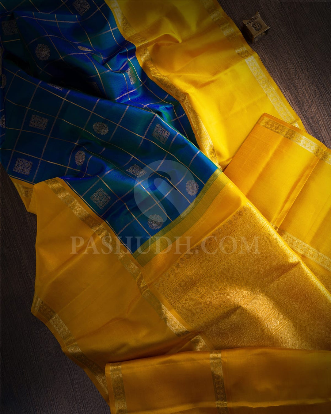 Peacock Blue & Mango Yellow Pure Kanjivaram Silk Saree-SP11