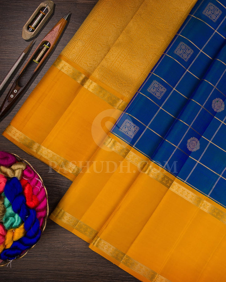 Peacock Blue & Mango Yellow Pure Kanjivaram Silk Saree-SP11