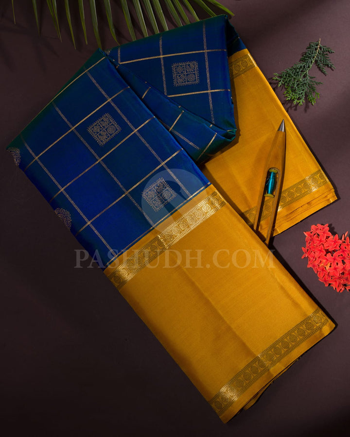 Peacock Blue & Mango Yellow Pure Kanjivaram Silk Saree-SP11