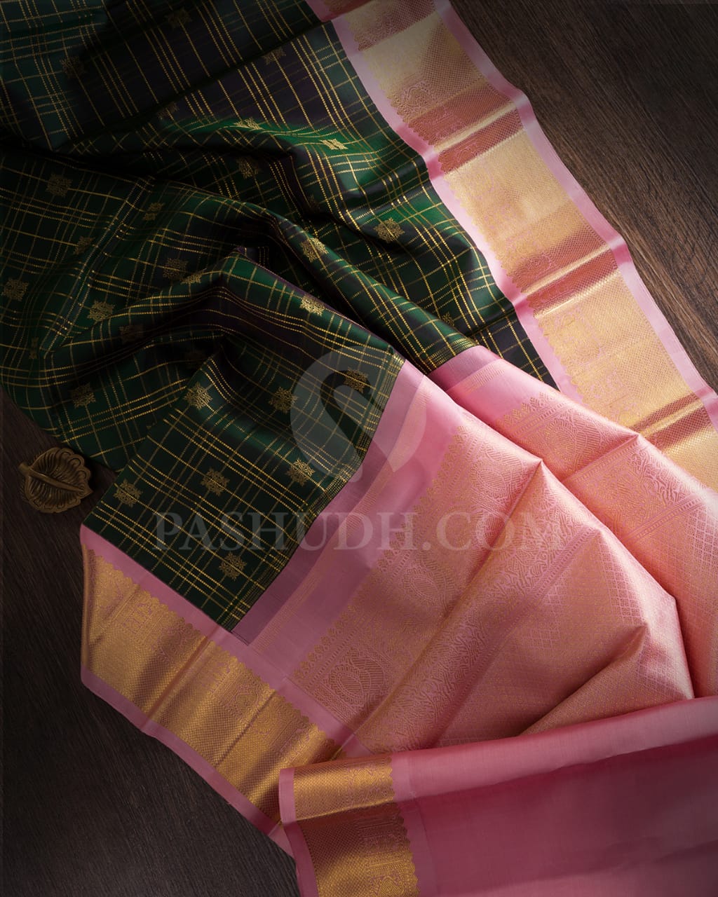 Bottle Green & Baby Pink Pure Zari  Kanjivaram Silk Saree-SP46