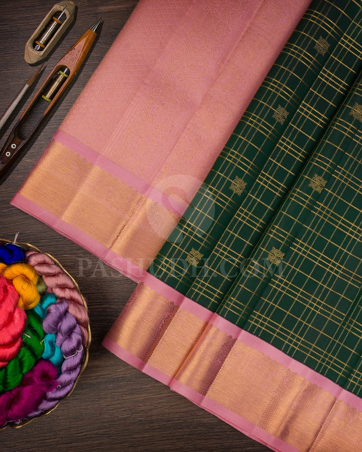Bottle Green & Baby Pink Pure Zari  Kanjivaram Silk Saree-SP46