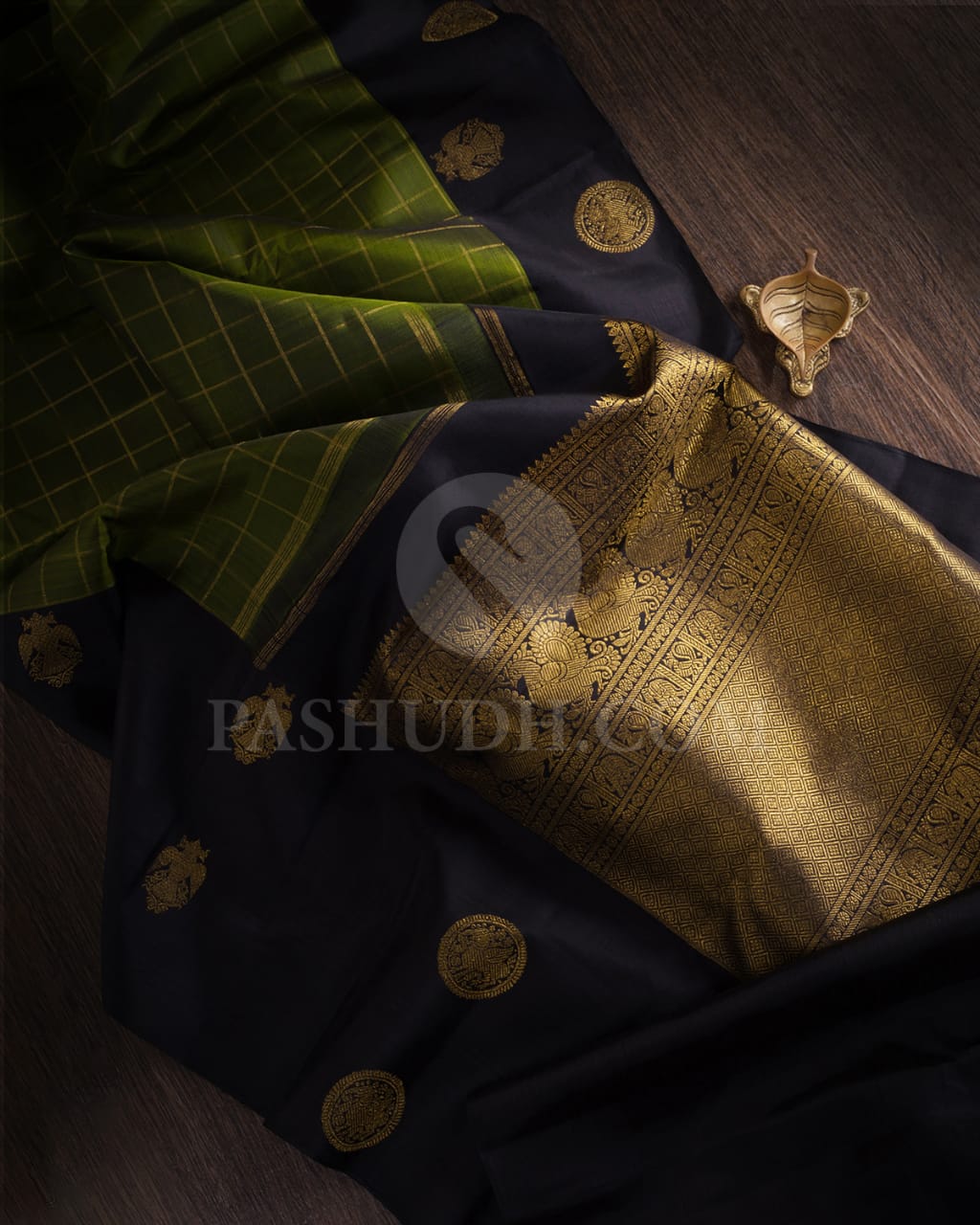 Olive Green & Black Pure Kanjivaram Silk Saree-SP42