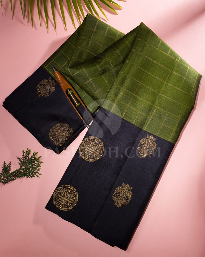 Olive Green & Black Pure Kanjivaram Silk Saree-SP42