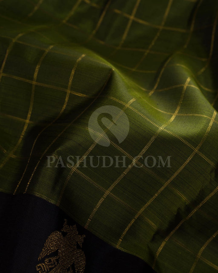 Olive Green & Black Pure Kanjivaram Silk Saree-SP42