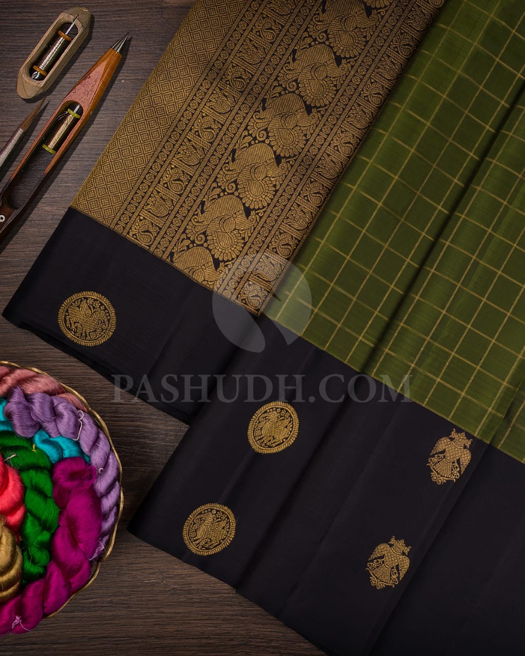 Olive Green & Black Pure Kanjivaram Silk Saree-SP42