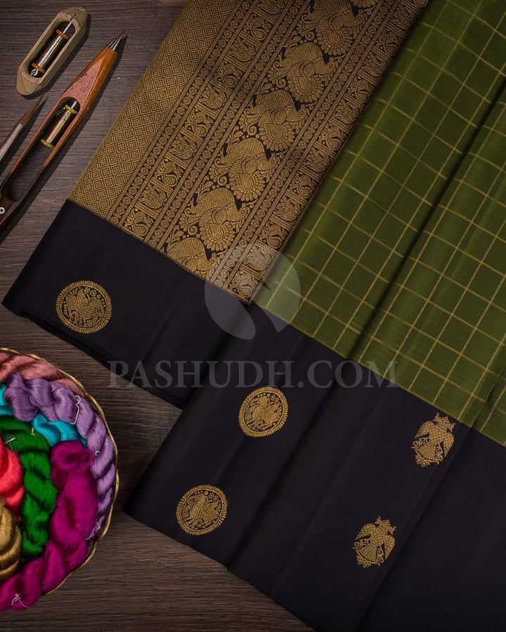 Olive Green & Black Pure Kanjivaram Silk Saree-SP42