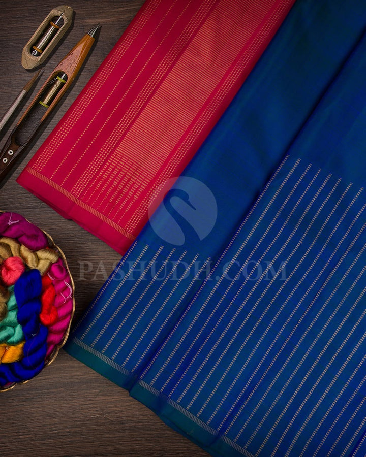 Peacock Blue & Bright  Pink Pure Kanjivaram Silk Saree-SP21