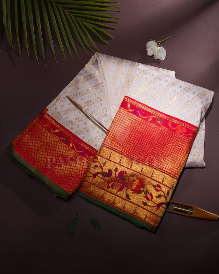 Half White/Cream/Ivory Pure zari Kanjivaram With Red Paithani Border-P179(A)