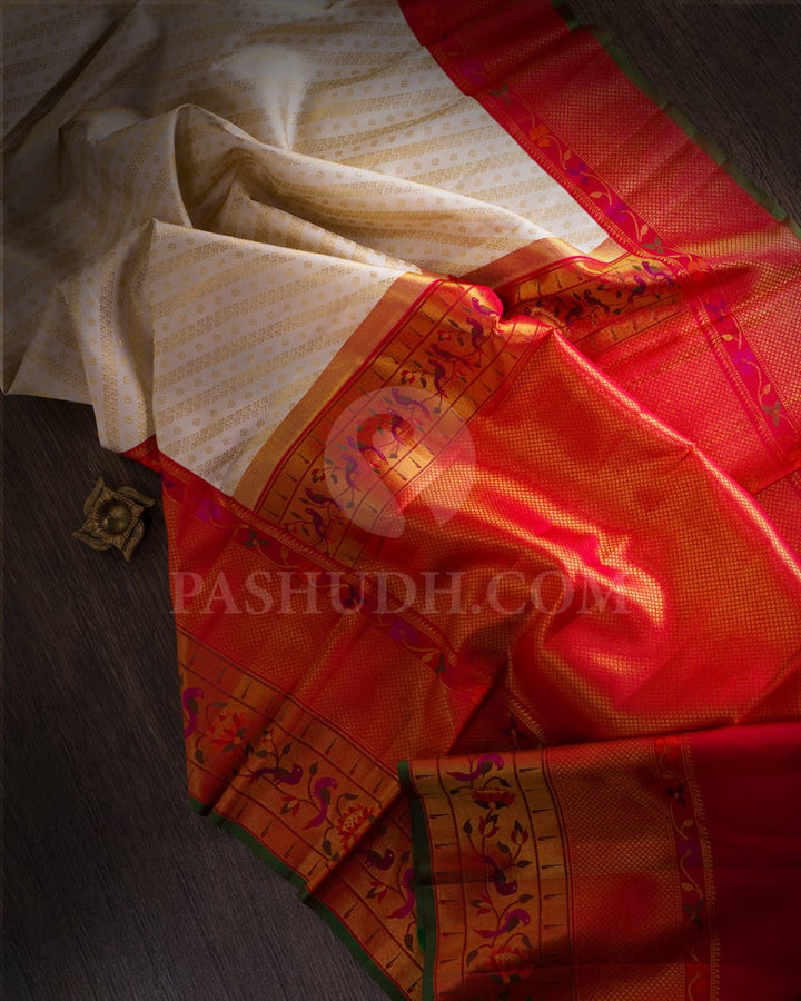 Half White/Cream/Ivory Pure zari Kanjivaram With Red Paithani Border-P179(A)