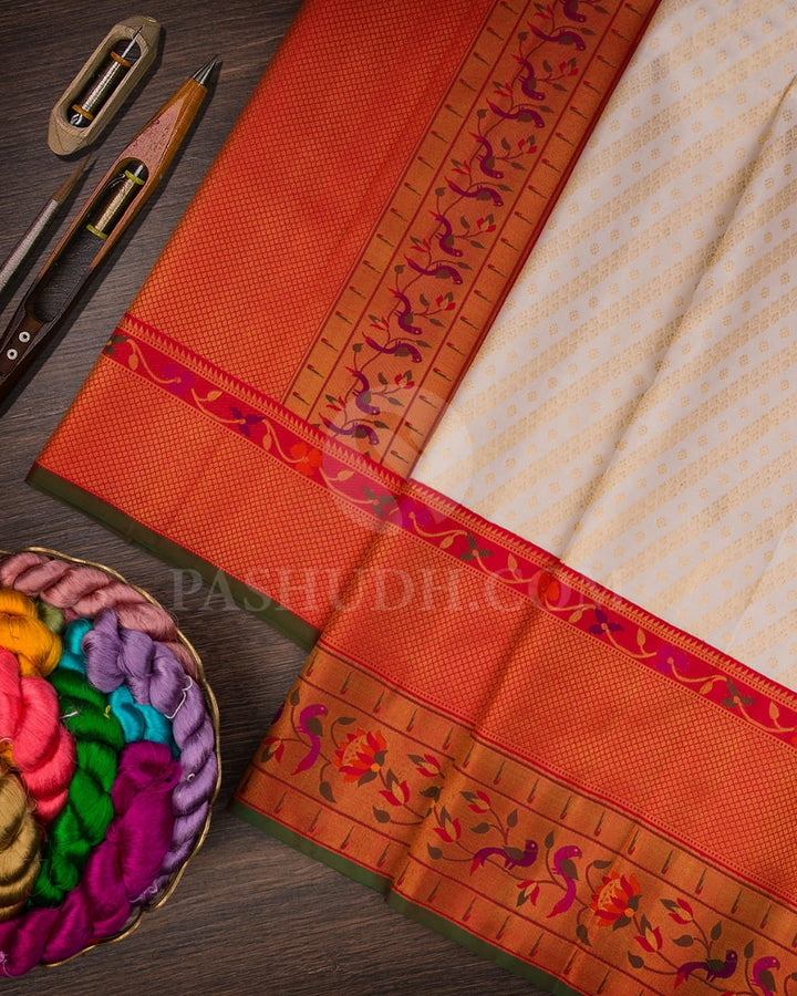 Half White/Cream/Ivory Pure zari Kanjivaram With Red Paithani Border-P179(A)