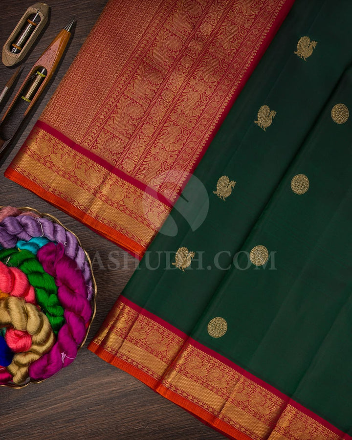 Bottle Green & Red Pure Kanjivaram Silk Saree-SP25