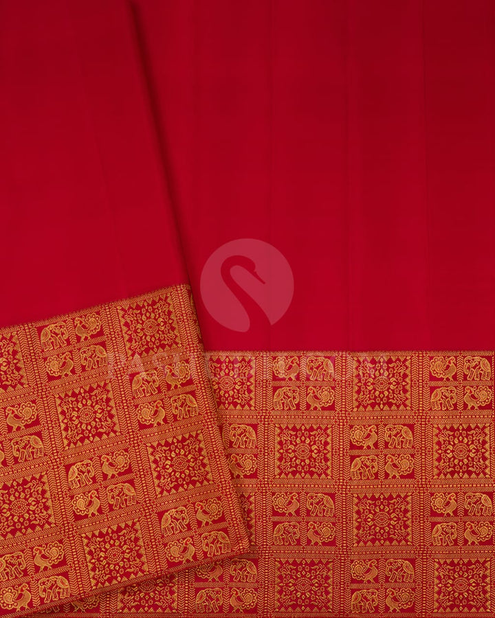 Ivory/Half White & Red Kanjivaram Silk Saree-S1423(B)