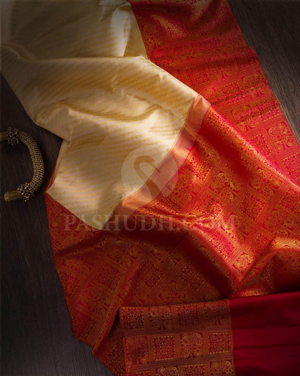Ivory/Half White & Red Kanjivaram Silk Saree-S1423(B)