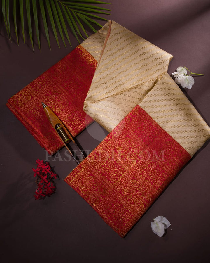Ivory/Half White & Red Kanjivaram Silk Saree-S1423(B)