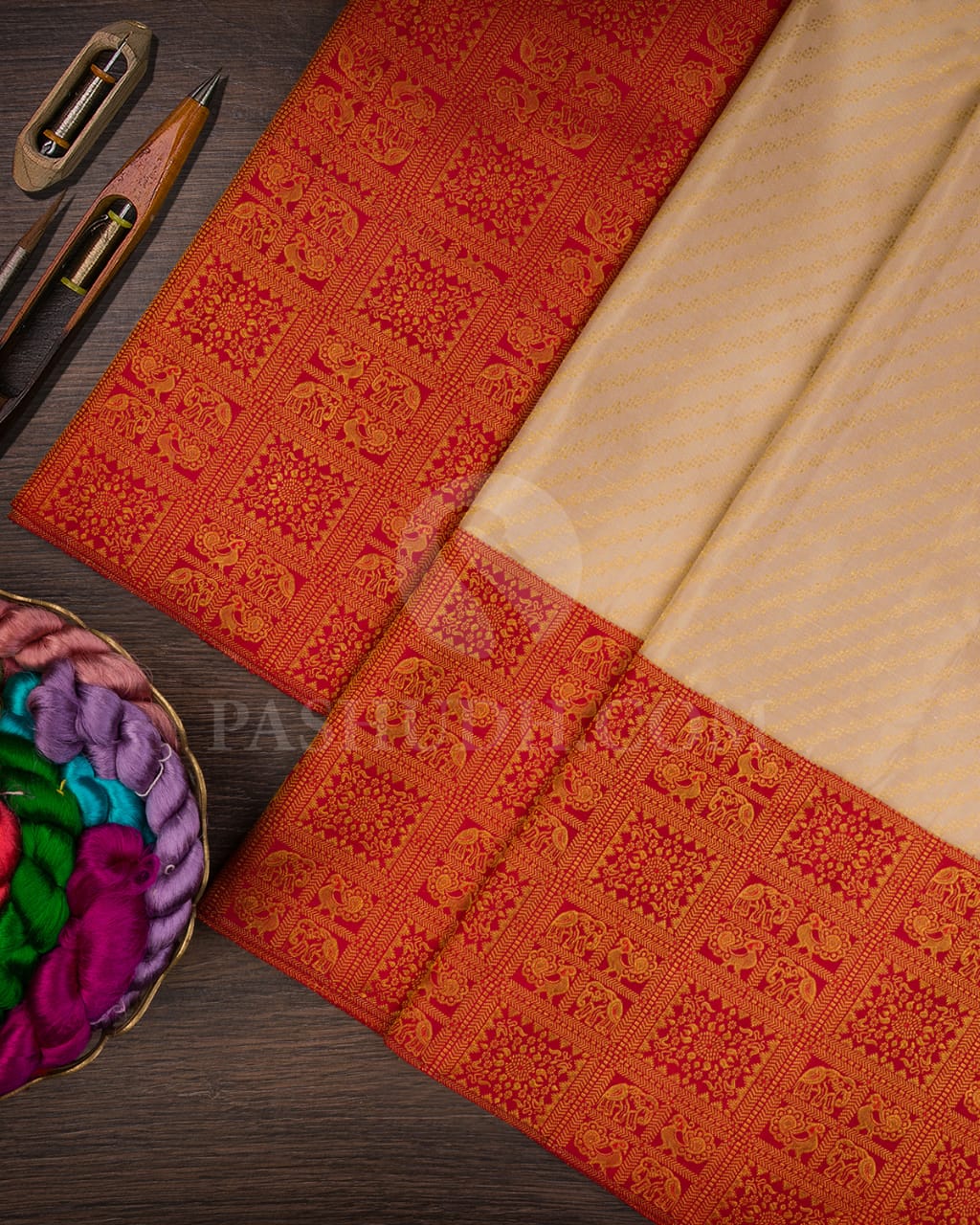 Ivory/Half White & Red Kanjivaram Silk Saree-S1423(B)