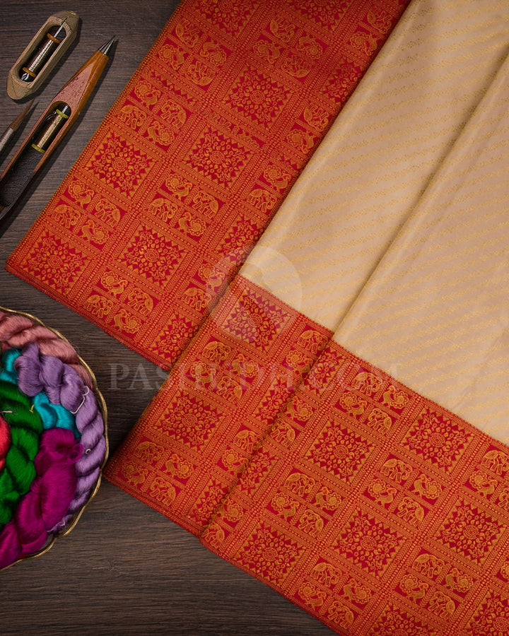 Ivory/Half White & Red Kanjivaram Silk Saree-S1423(B)