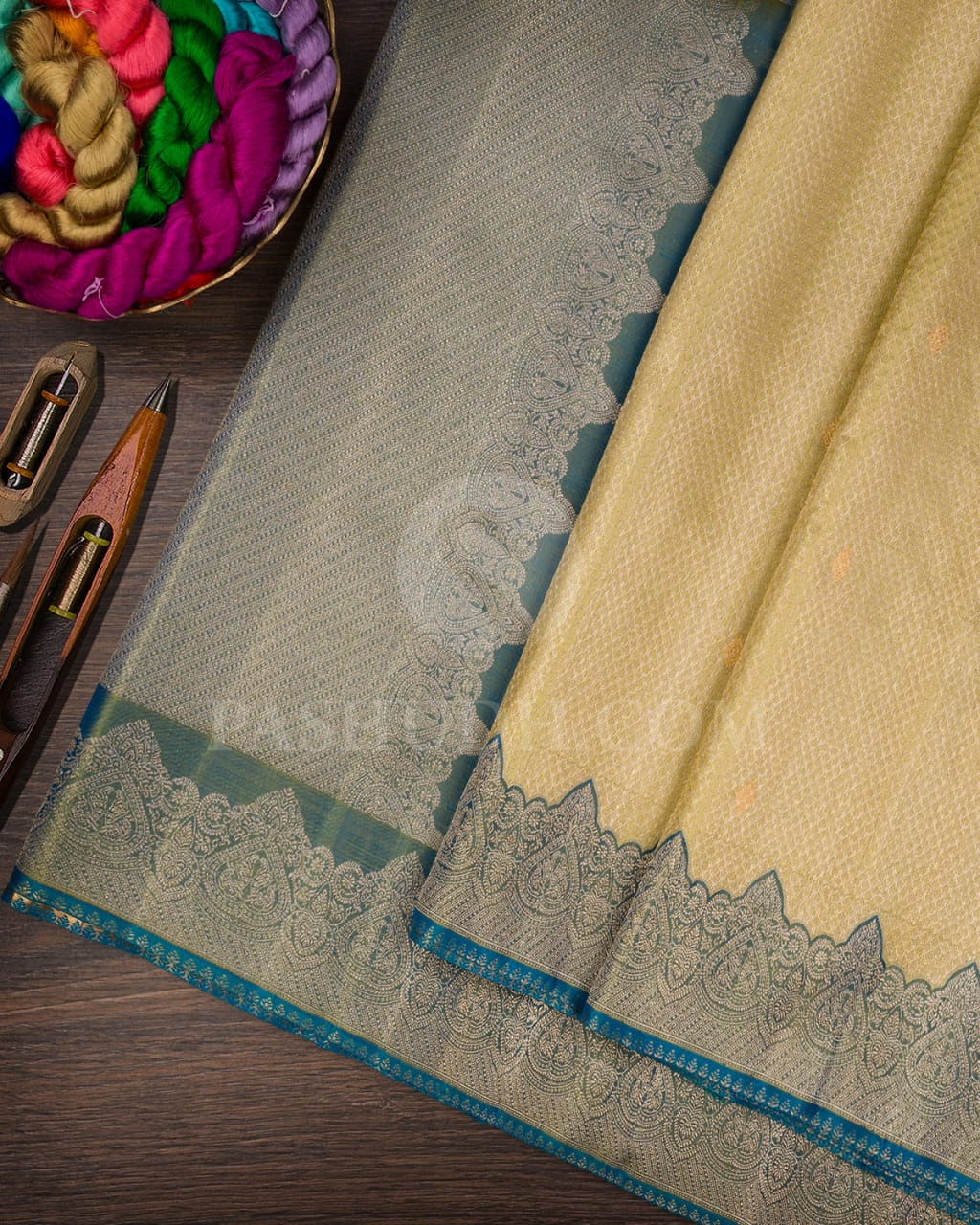 Parrot Green & Anandha Blue Shimmer Organza Kanjivaram Silk Saree-S1382(B)