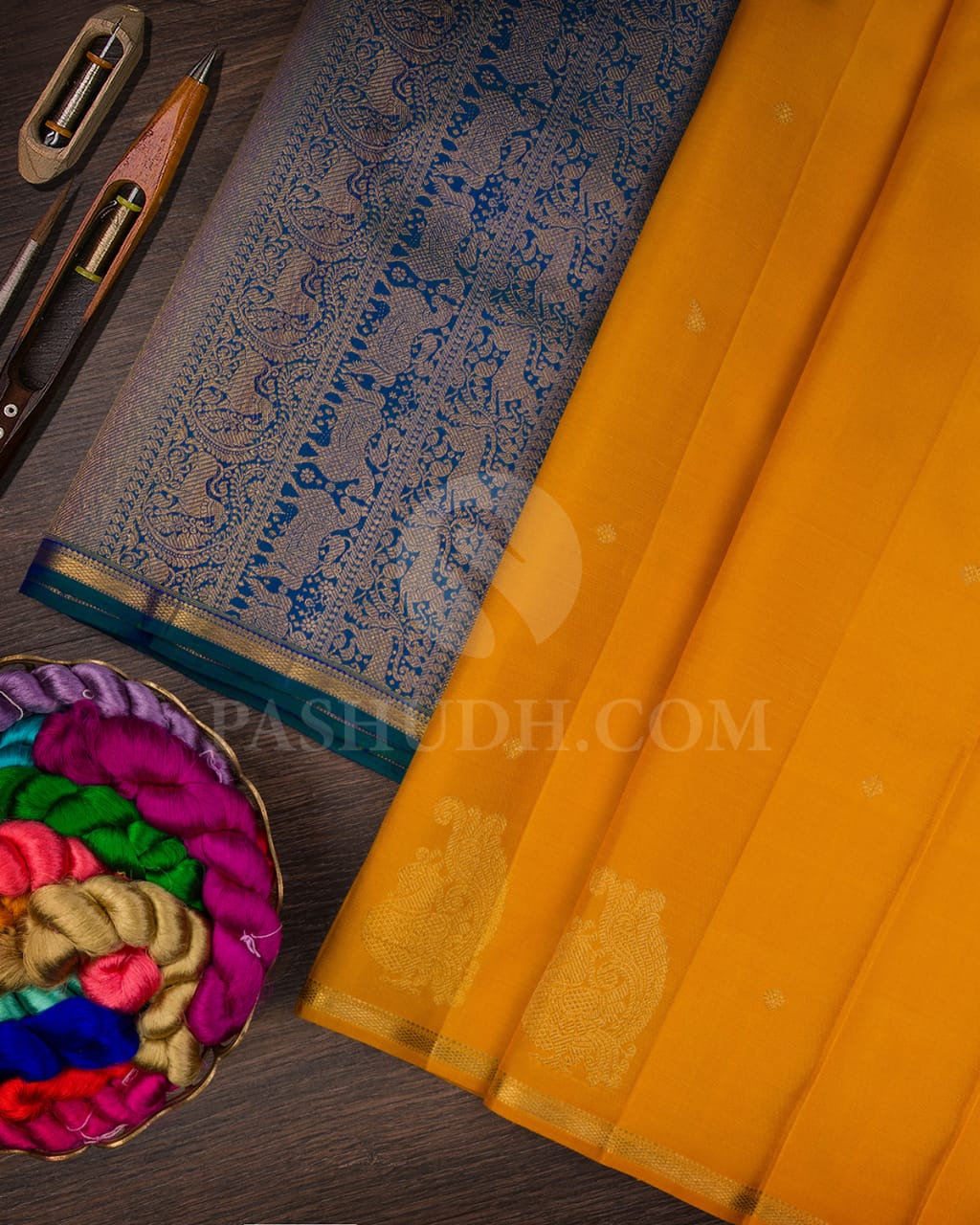 Mango Yellow & Peacock Blue Pure Kanjivaram Silk Saree-SP9