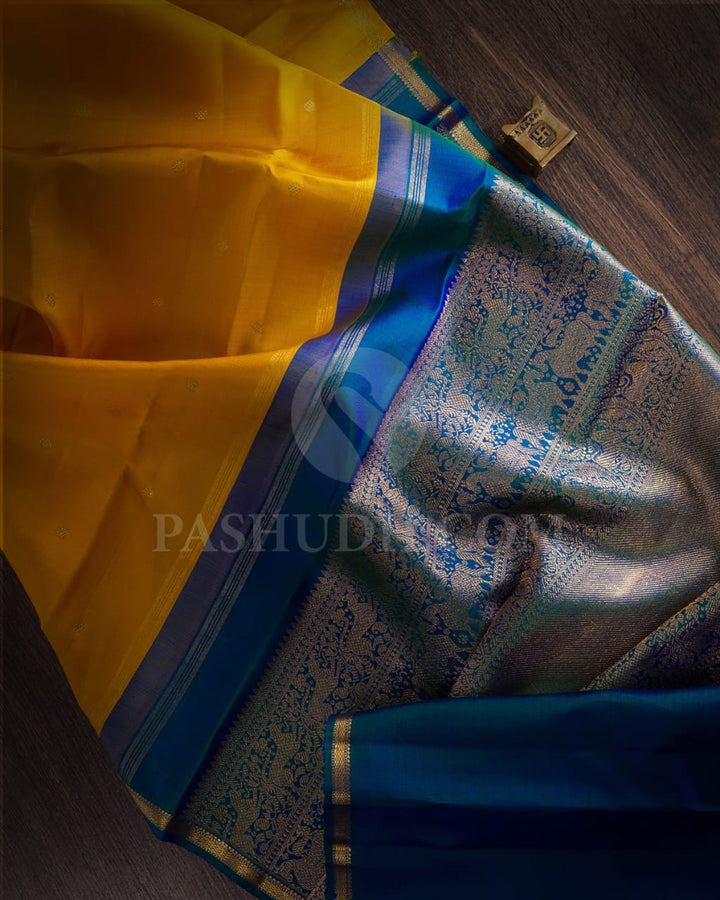 Mango Yellow & Peacock Blue Pure Kanjivaram Silk Saree-SP9