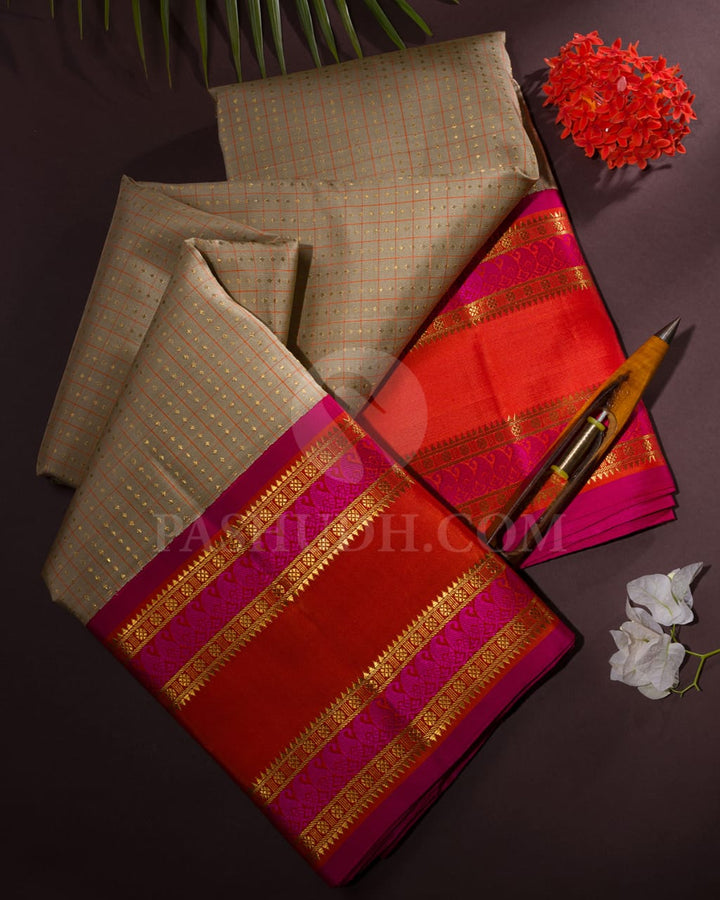 Beige,Orange & Rani Pink Pure Zari Kanjivaram Silk Saree-SP3