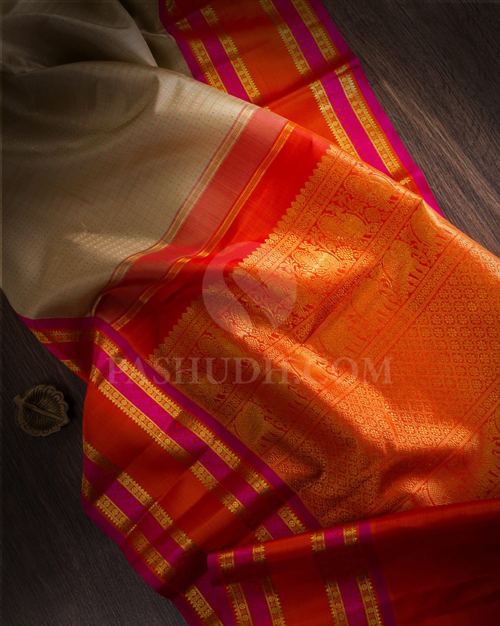 Beige,Orange & Rani Pink Pure Zari Kanjivaram Silk Saree-SP3