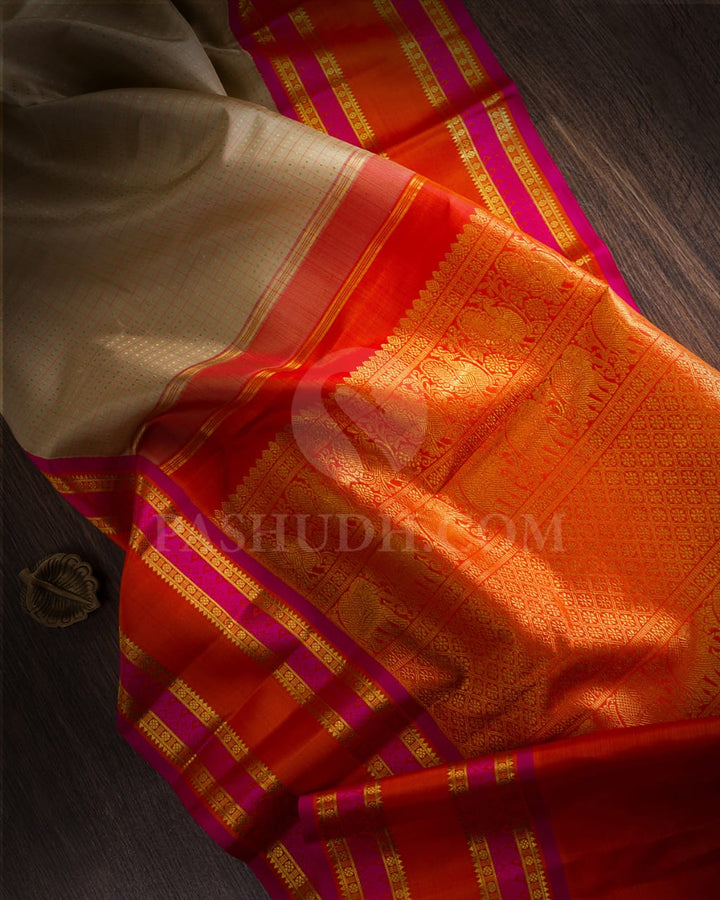 Beige,Orange & Rani Pink Pure Zari Kanjivaram Silk Saree-SP3